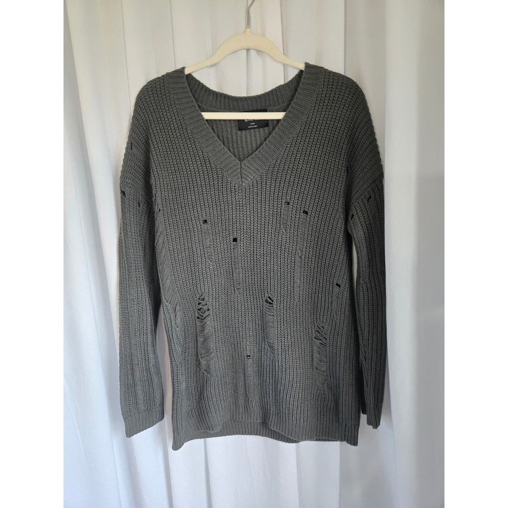 ACTIVE USA Womens Distressed Olive Green V-Neck Ribbed Sweater Large SW2672